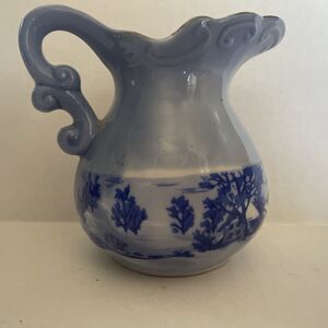 Blue/White Miniature Pitcher Creamer With House Country Theme Silver Trim Edge
